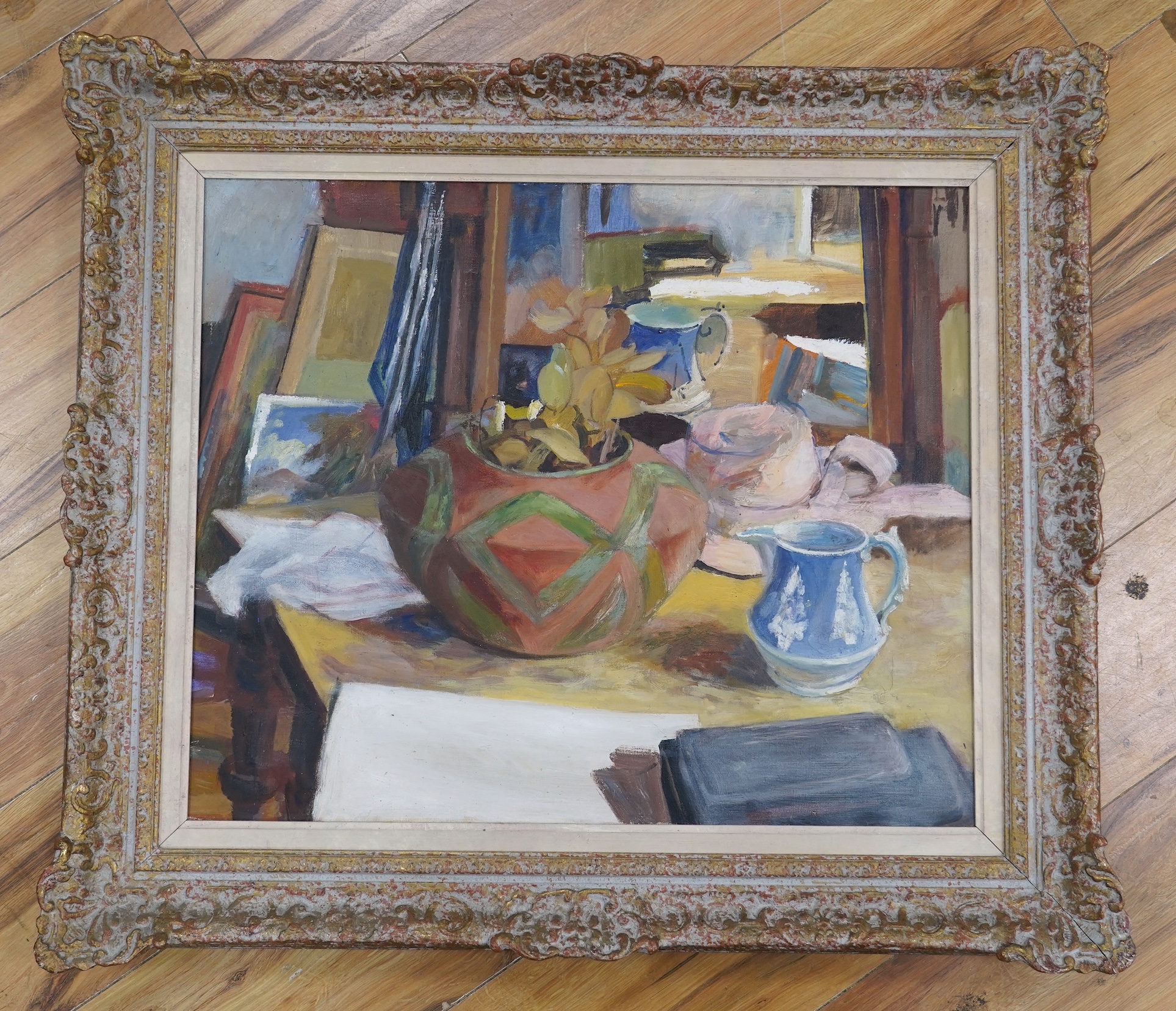 Joyce Spencer (b.1923), oil on canvas, Still life, inscribed, signed and dated 1988 verso, 49 x 59cm